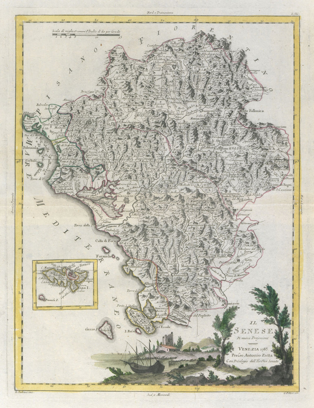"Il Senese". Southern Tuscany. Siena Grosseto Livorno Elba. ZATTA 1784 old map