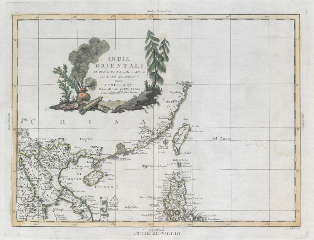 "Indie Orientali…" South China Sea. Luzon Guangdong Macao Hainan. ZATTA 1785 map