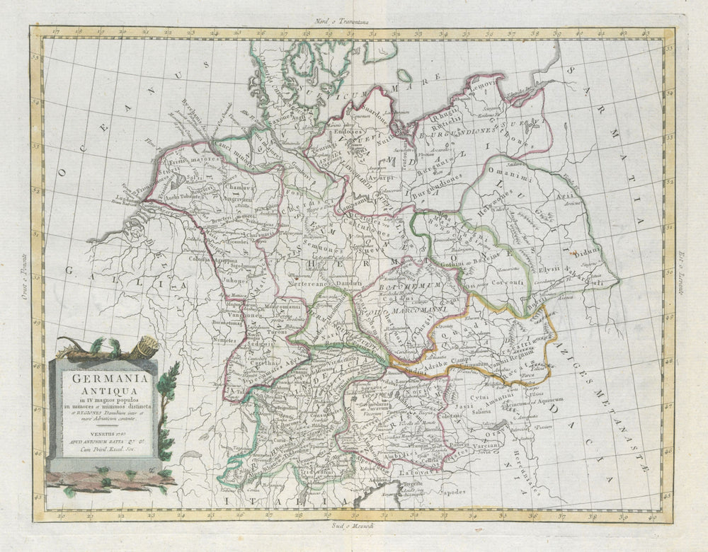 "Germania Antiqua…". Ancient Germany divided into tribes. ZATTA 1785 old map