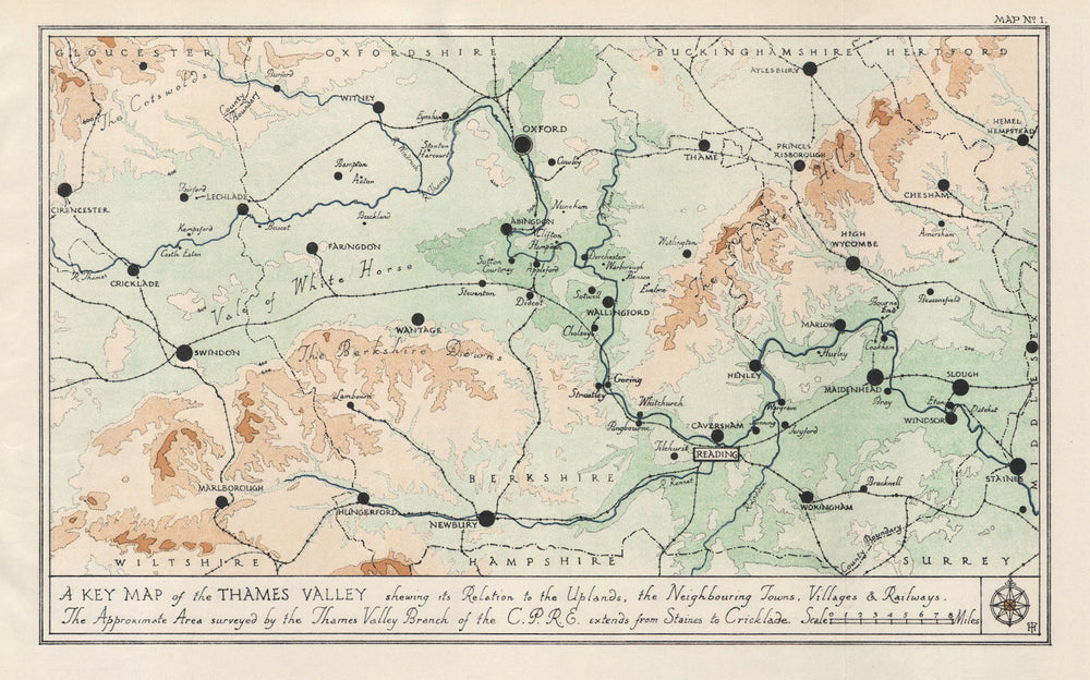 THAMES VALLEY. Chilterns Berkshire Downs Oxfordshire Berkshire Bucks 1929 map