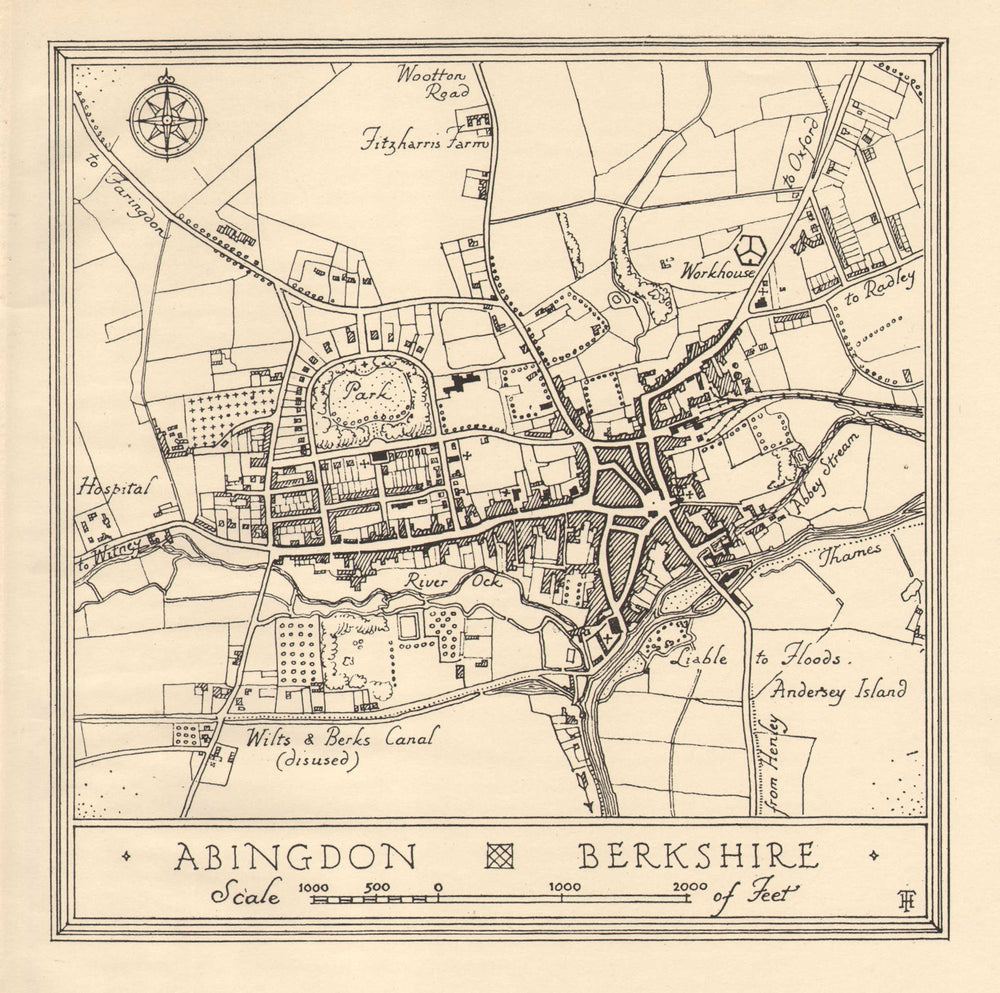 Town plan of ABINGDON, Oxfordshire. Thames Valley 1929 old vintage map chart