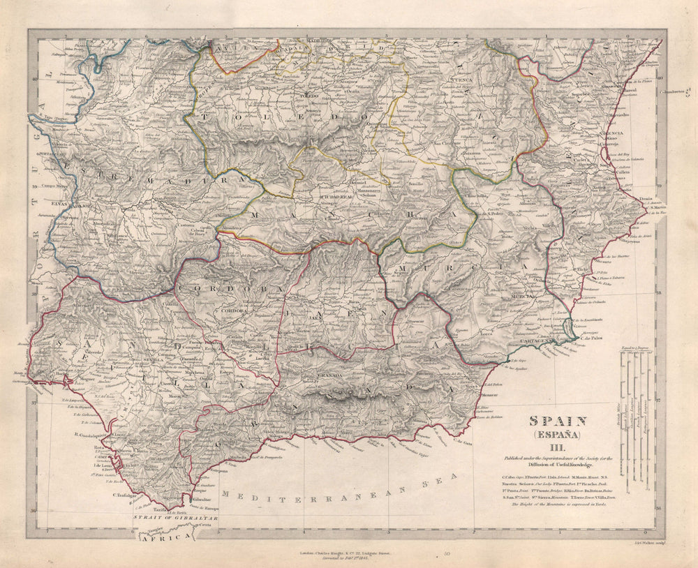SPAIN SOUTH. Sevilla Granada Cordoba Murcia Jaen Valencia Toledo. SDUK 1846 map