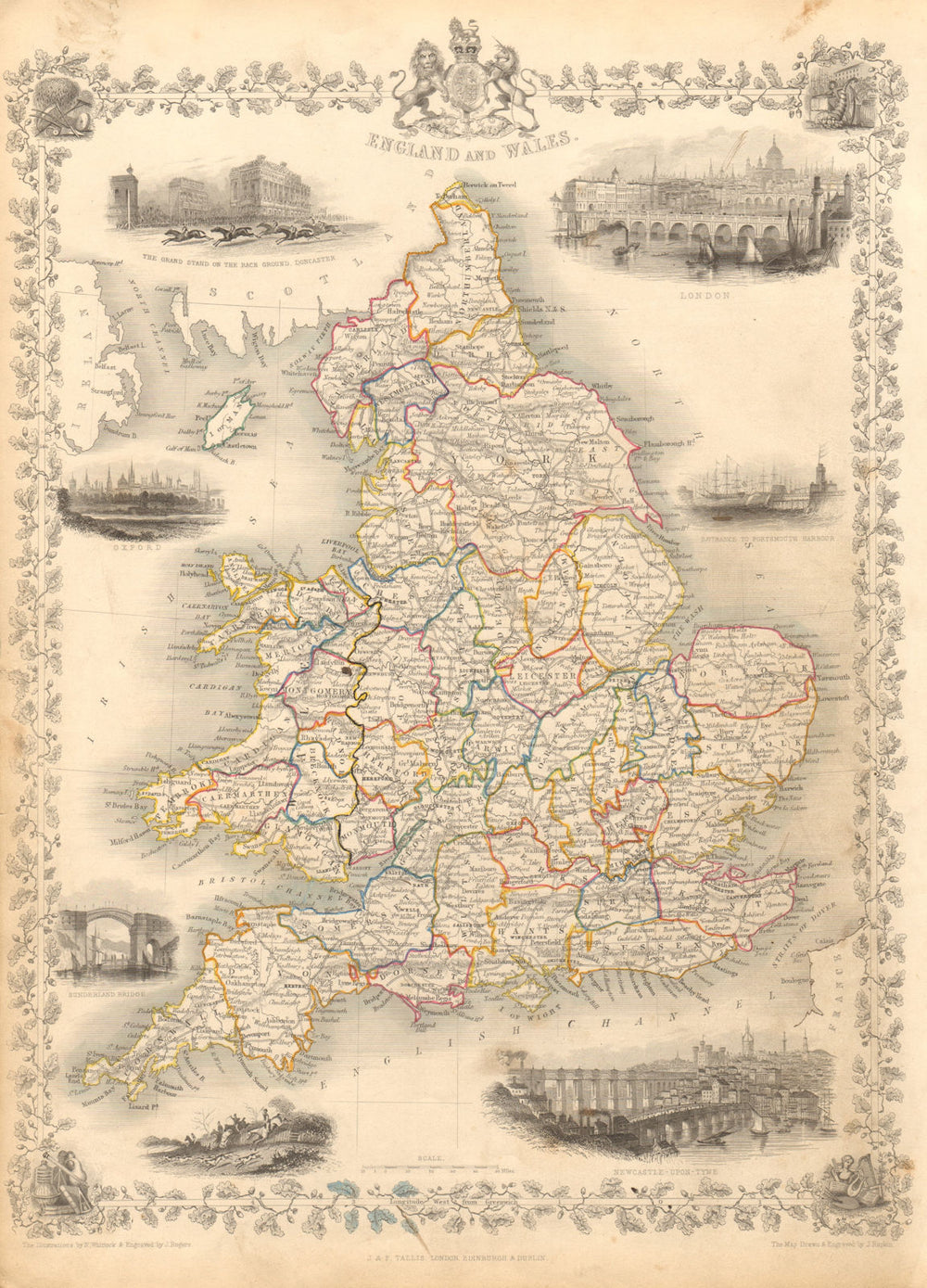 ENGLAND & WALES. London Newcastle Doncaster races views. RAPKIN/TALLIS 1851 map