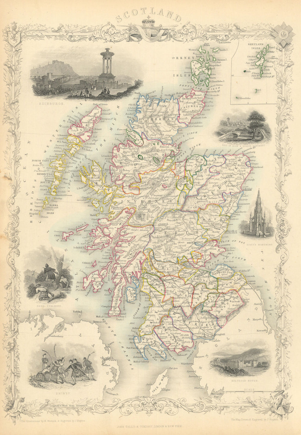 SCOTLAND. Edinburgh Shinty & Holyrood views. Counties. TALLIS & RAPKIN 1851 map