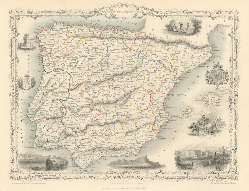 SPAIN & PORTUGAL. Madrid Lisbon Gibraltar views. Iberia TALLIS & RAPKIN 1851 map