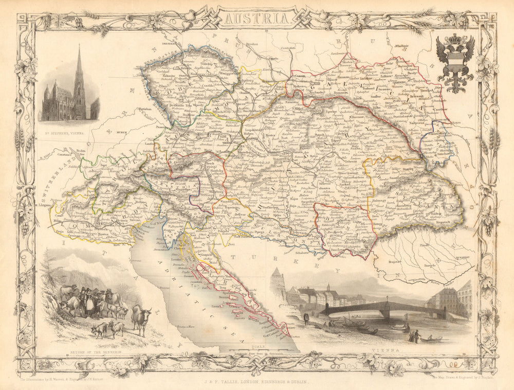 AUSTRIAN EMPIRE. 'Austria'.Vienna views.Hungary Lombardy RAPKIN/TALLIS 1851 map