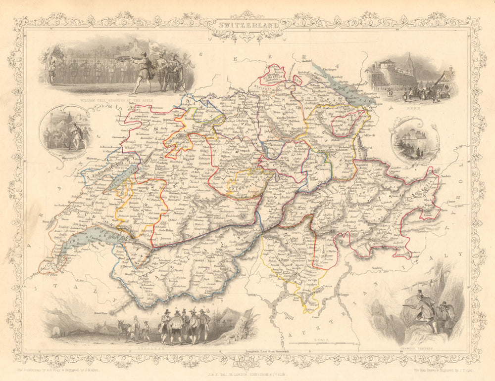SWITZERLAND. William Tell shooting apple. Cantons. TALLIS & RAPKIN 1851 map