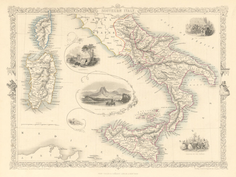 SOUTHERN ITALY. Naples/Vesuvius. Sicily Sardinia Corsica. RAPKIN/TALLIS 1851 map