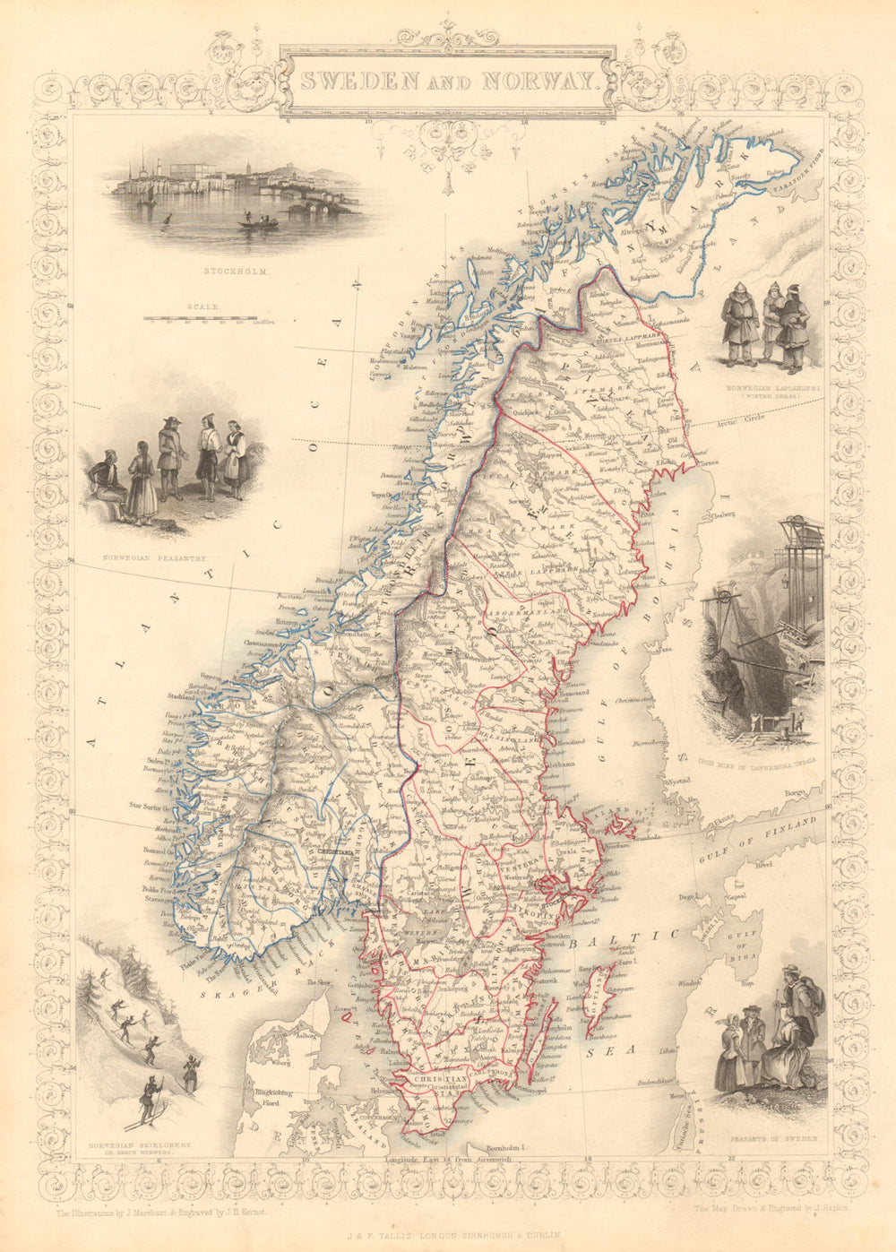 SWEDEN & NORWAY. Scandinavia.Norwegian army ski regiment. RAPKIN/TALLIS 1851 map