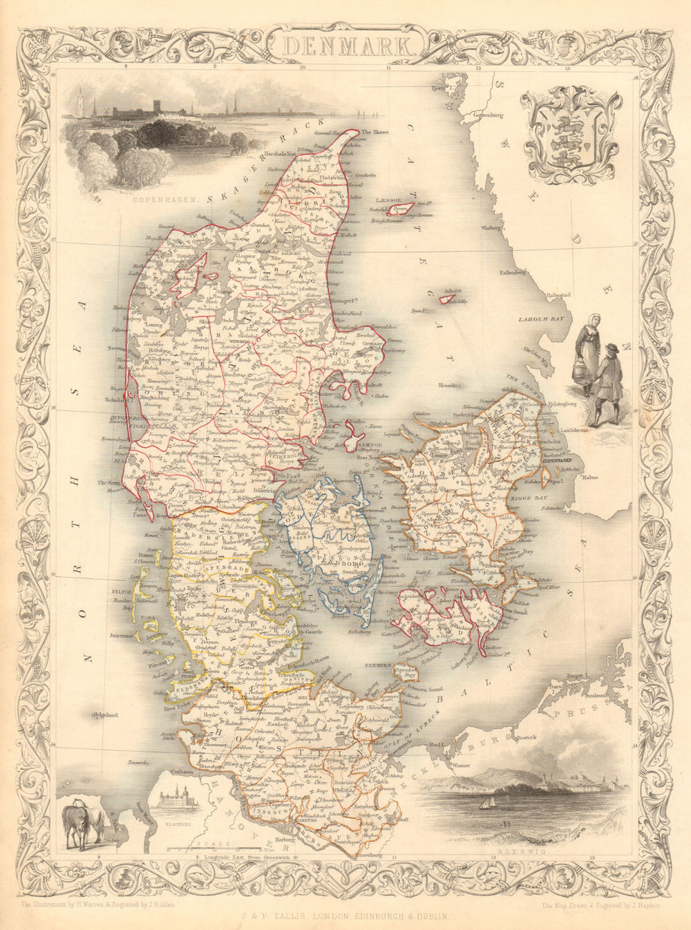 DENMARK. including Schleswig-Holstein/Slesvig-Holsten. TALLIS & RAPKIN 1851 map