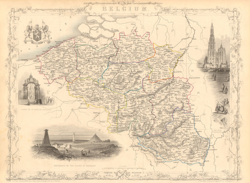 BELGIUM. with Luxembourg. Antwerp & Waterloo vignettes. TALLIS & RAPKIN 1851 map