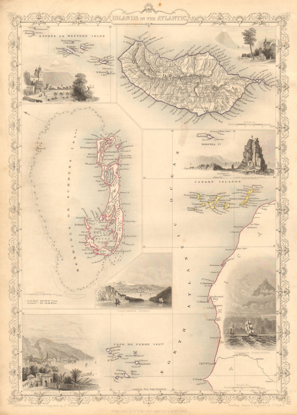 ATLANTIC ISLANDS. Bermuda Madeira Canaries Tenerife view. RAPKIN/TALLIS 1851 map