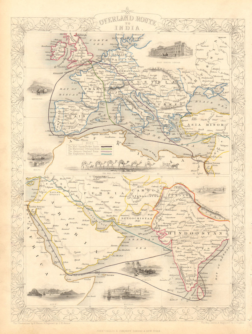 OVERLAND ROUTE TO INDIA. Ship France Germany Euphrates. TALLIS & RAPKIN 1851 map
