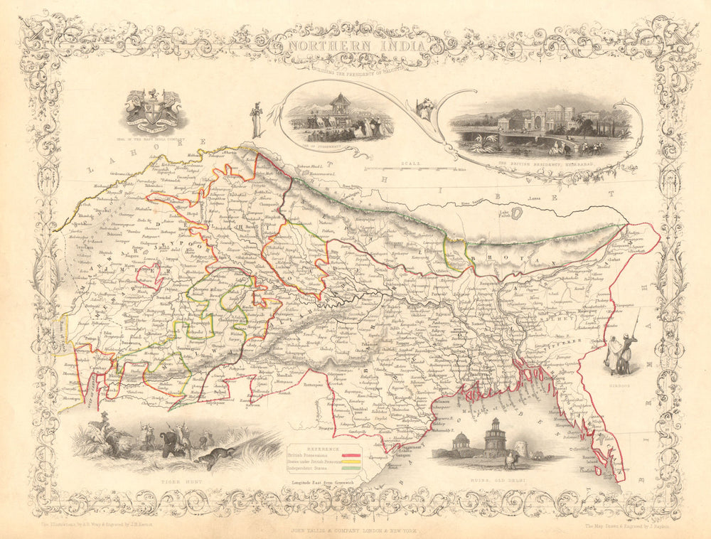 NORTHERN INDIA. British colonies &c. Nepal Bhutan Bengal. RAPKIN/TALLIS 1851 map