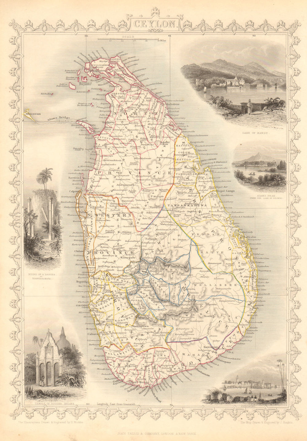 CEYLON. in provinces. Kandy & Colombo views. Sri Lanka. TALLIS & RAPKIN 1851 map