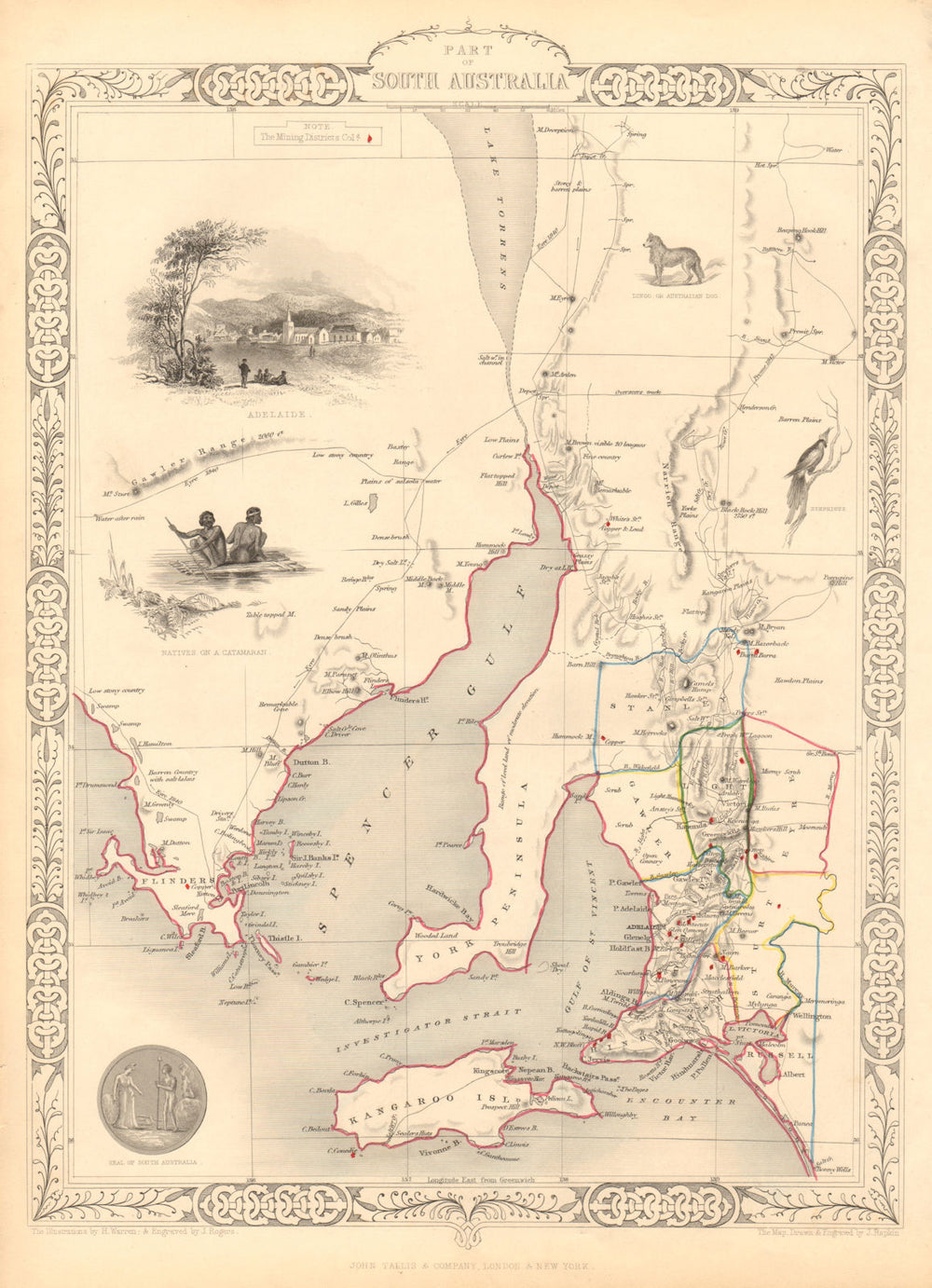 PART OF SOUTH AUSTRALIA. Shows mining districts. TALLIS & RAPKIN 1851 old map