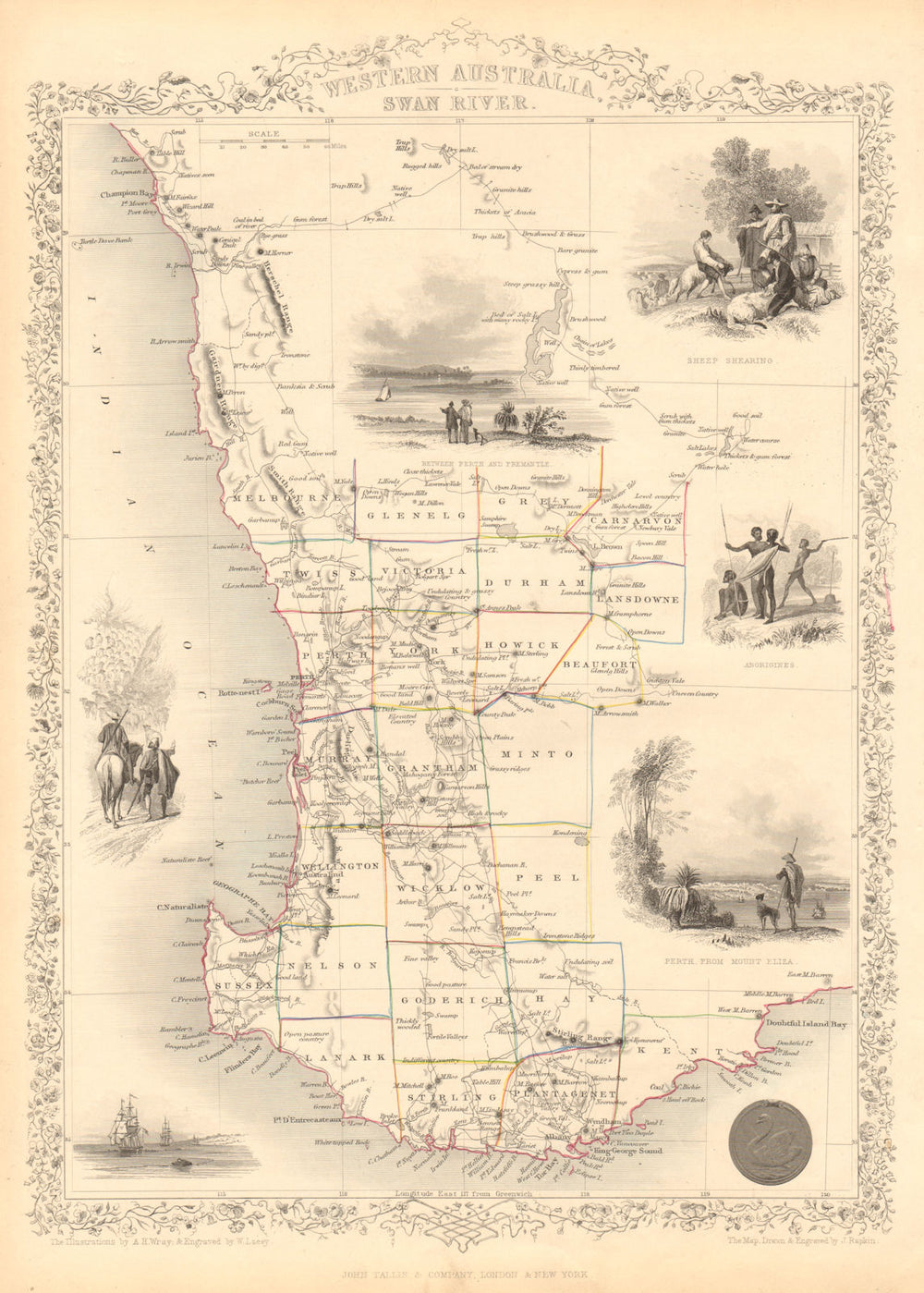 WESTERN AUSTRALIA,SWAN RIVER.Helpman Gregory Gray routes. RAPKIN/TALLIS 1851 map
