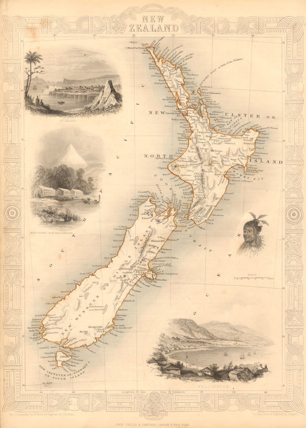 NEW ZEALAND. Shows NZ Company settlements in 1851. TALLIS & RAPKIN 1851 map