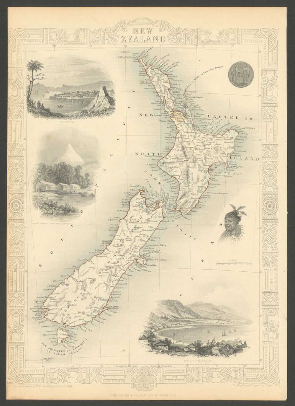 NEW ZEALAND. Shows NZ Company settlements in 1851. TALLIS & RAPKIN 1851 map