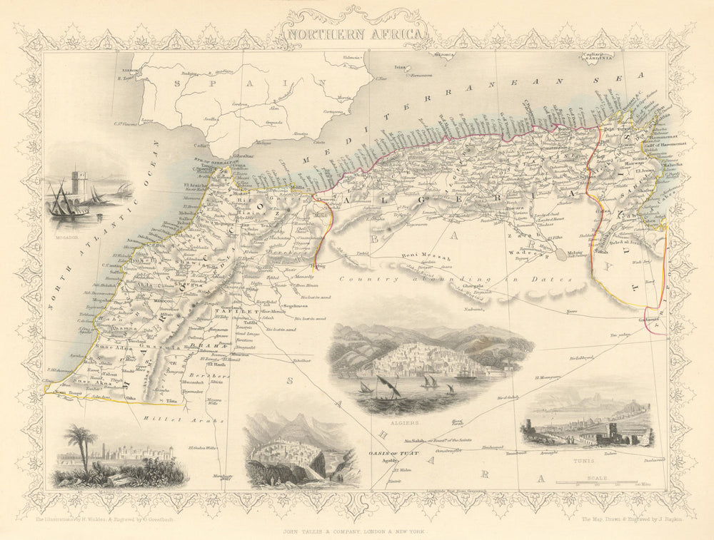 NORTHERN AFRICA. Morocco Tunisia Algeria. Caravan routes. RAPKIN/TALLIS 1851 map