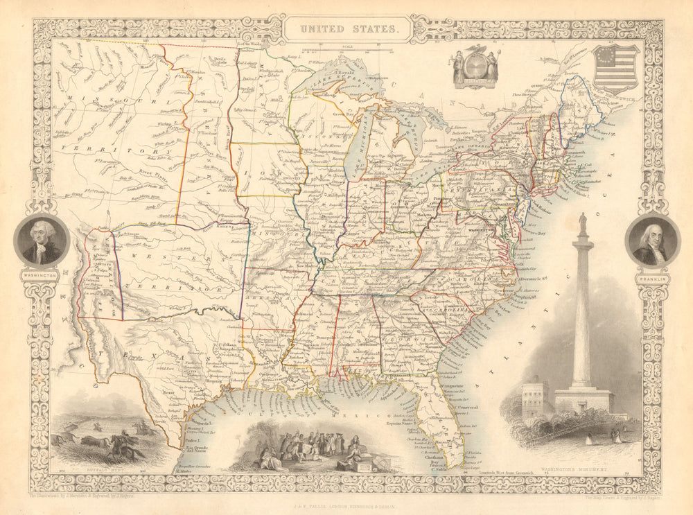 UNITED STATES. 31 states+Missouri/Western/Nebraska Terr. RAPKIN/TALLIS 1851 map