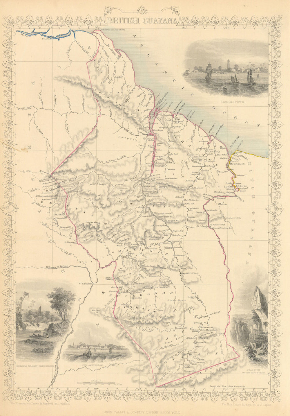 BRITISH GUAYANA. Georgetown vignette. Guiana Guyana. TALLIS & RAPKIN 1851 map