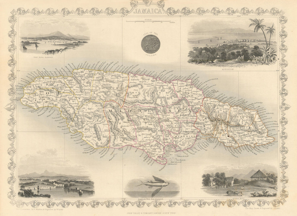 JAMAICA. Counties/parishes. Sugar Mill & Kingston views. RAPKIN/TALLIS 1851 map