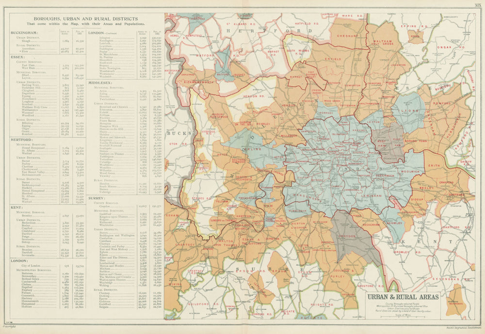 LONDON showing Municipal Boroughs, Urban Districts & Rural areas. BACON 1934 map