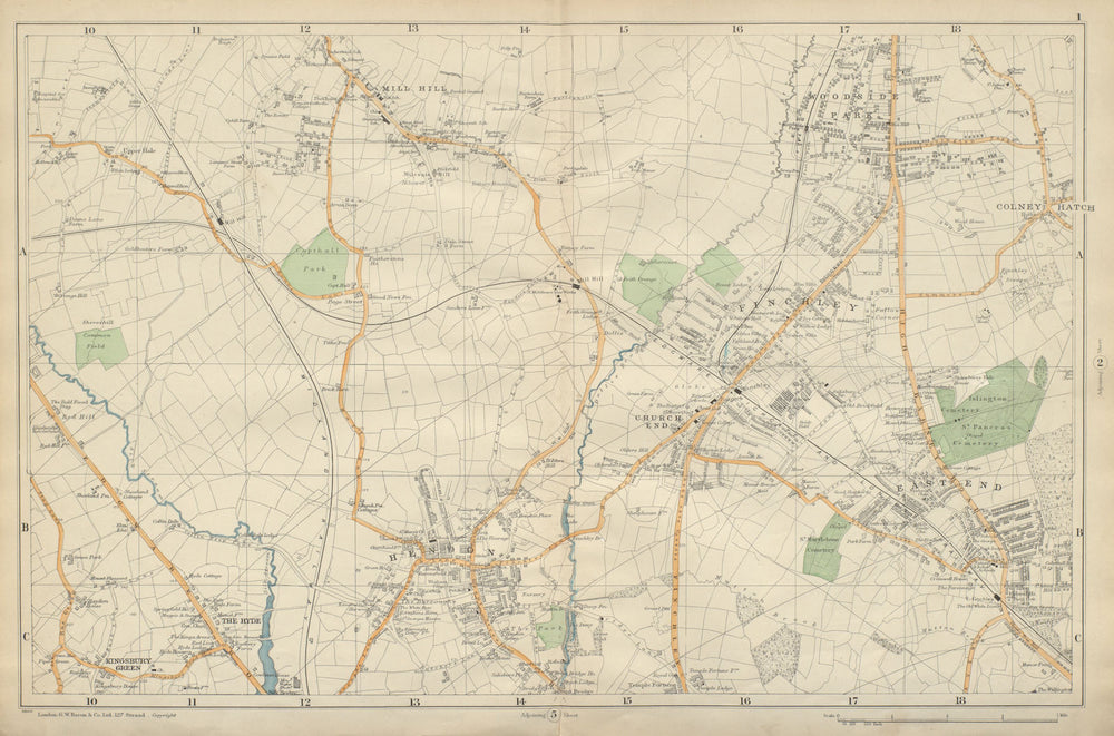 FINCHLEY/HENDON. Mill Hill,Colindale,Colney Hatch,Fortis Green.BACON 1900 map