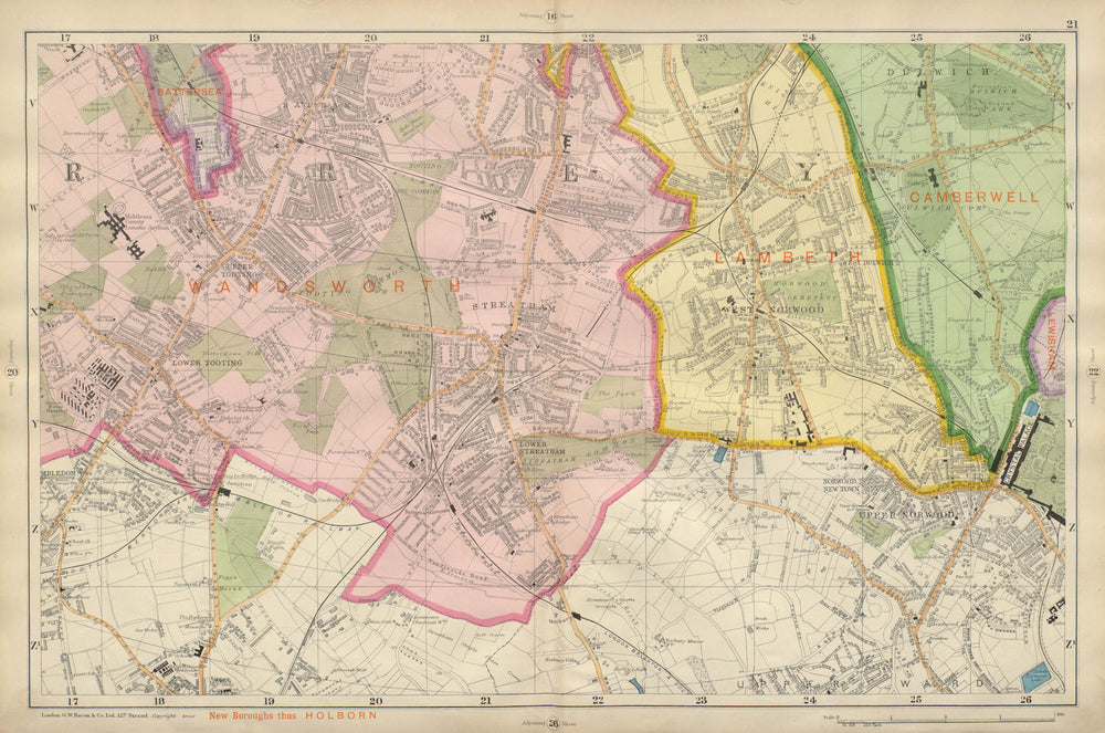 STREATHAM Mitcham Balham Tooting Streatham Norwood Dulwich BACON 1900 old map