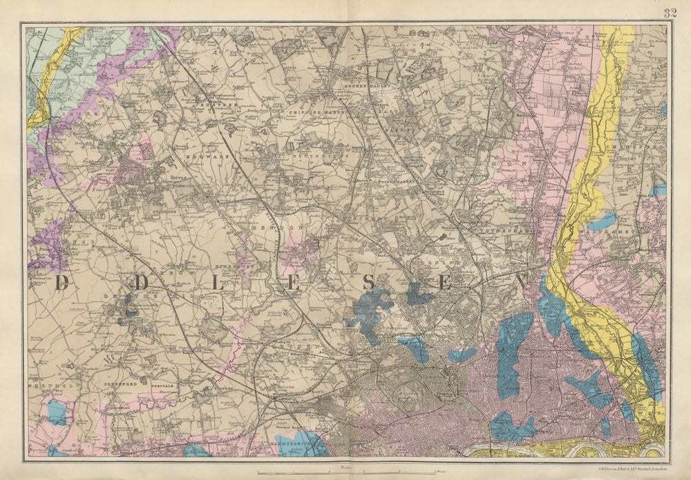 NW LONDON GEOLOGICAL Westminster Islington Brent Ealing Camden BACON 1900 map