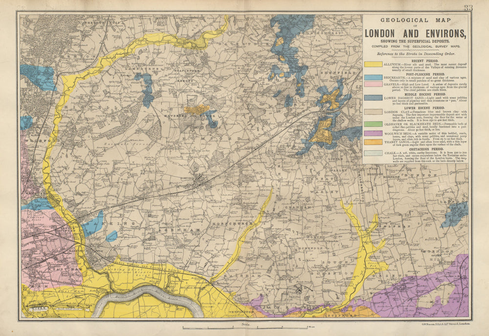NE LONDON GEOLOGICAL Essex Redbridge Newham Barking Dagenham &c BACON 1900 map