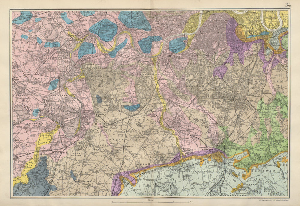 SW LONDON GEOLOGICAL K&C Fulham Surrey Richmond Wandsworth &c BACON 1900 map