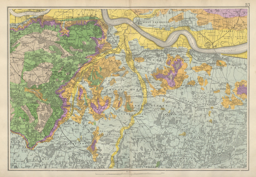 SOUTH EAST LONDON GEOLOGICAL Kent Greenwich Bexley Bromley &c BACON 1900 map