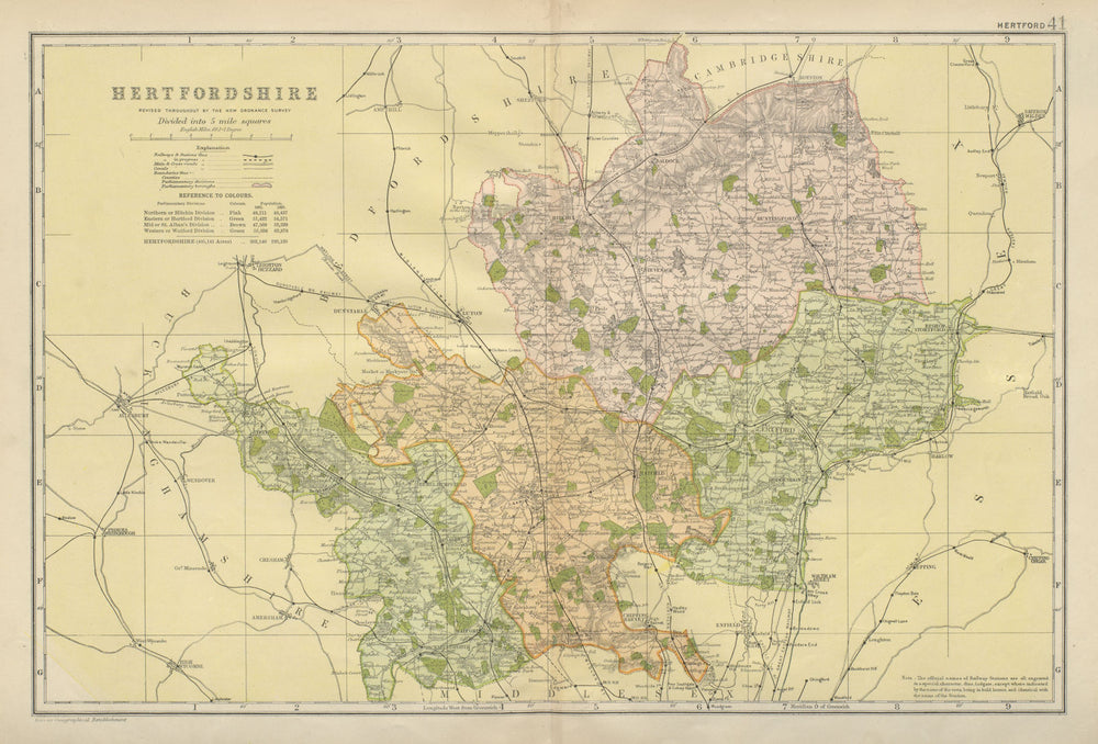 HERTFORDSHIRE. County map. Parliamentary constituencies. Railways. BACON 1900