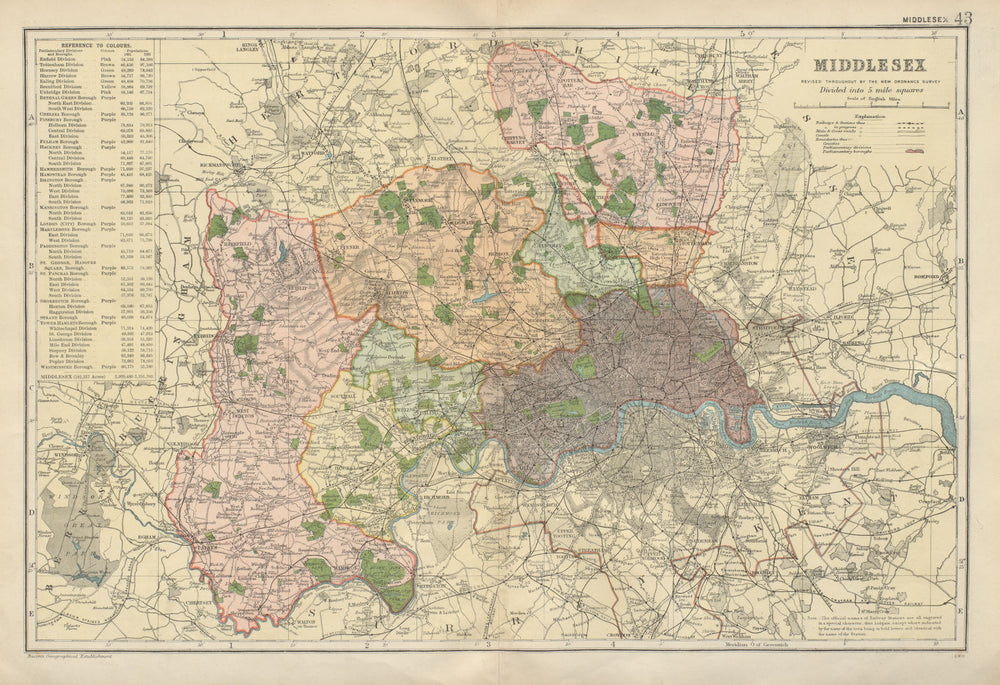 MIDDLESEX inc LONDON.County map.Parliamentary constituencies.Railways.BACON 1900