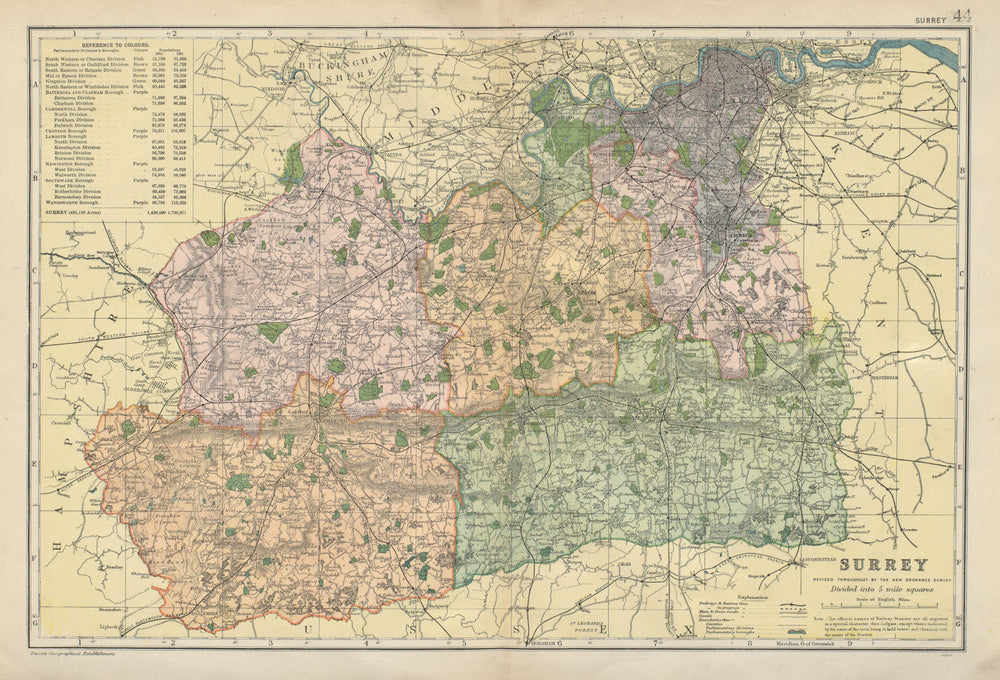 SURREY. County map. Parliamentary constituencies divisions. Railways. BACON 1900