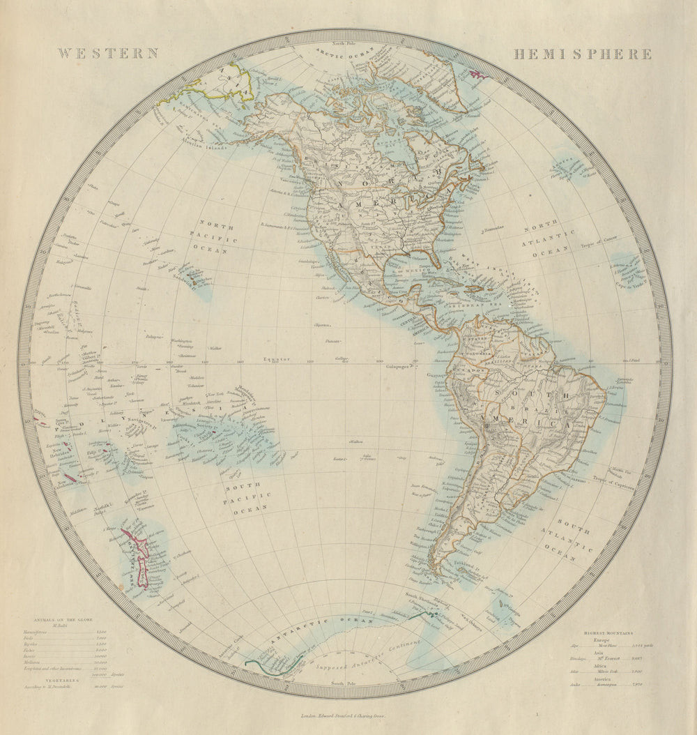 WESTERN HEMISPHERE. The Americas; Pacific Ocean; New Zealand. SDUK 1874 map