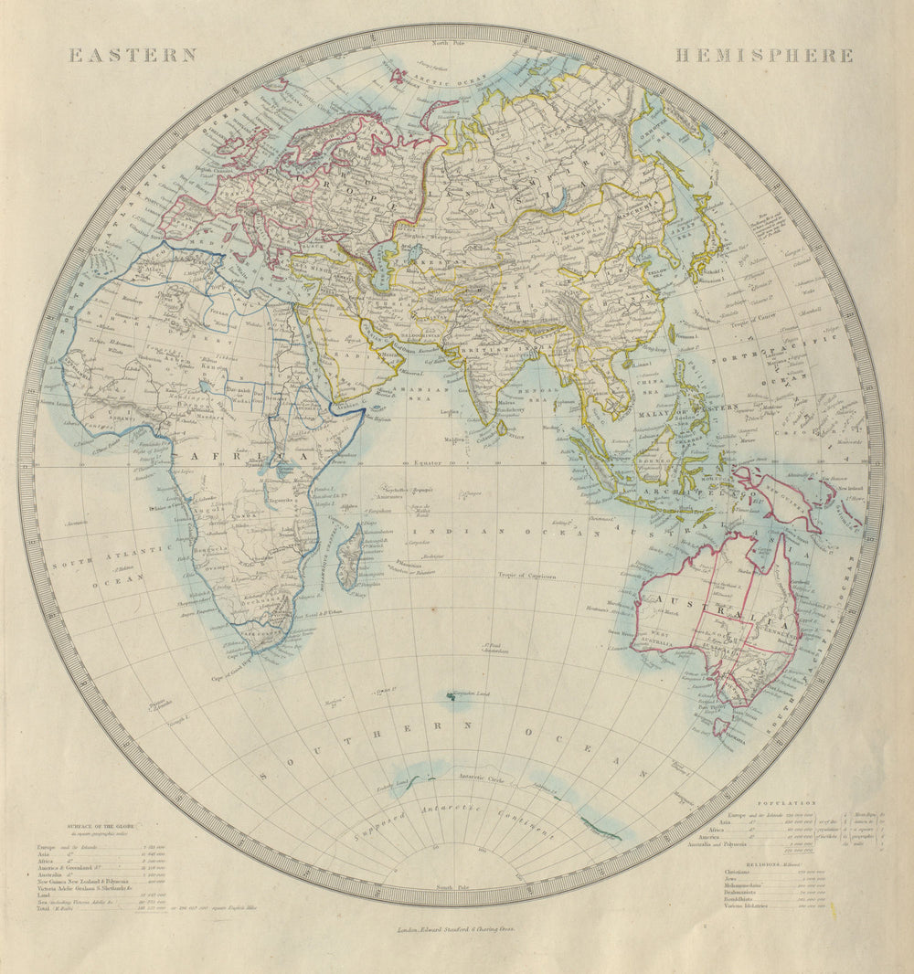 EASTERN HEMISPHERE. Europe Africa Asia Australia. SDUK 1874 old antique map