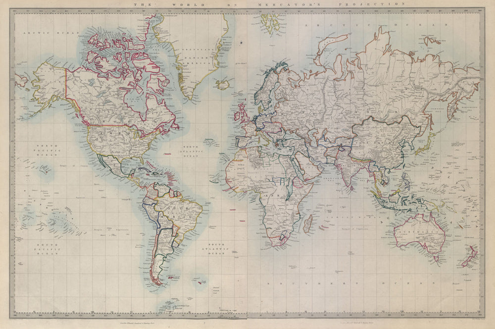 WORLD ON MERCATOR'S PROJECTION on 2 sheets conjoined. SDUK 1874 old map