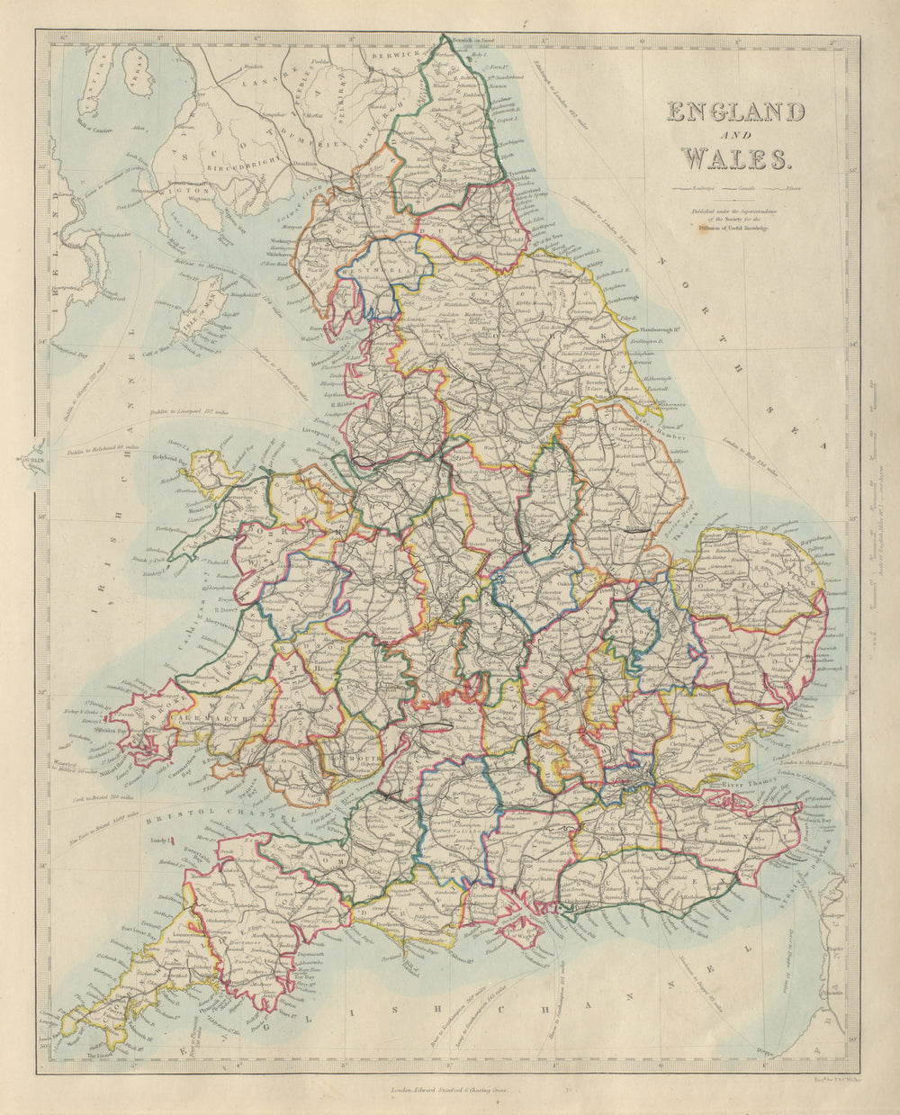 ENGLAND AND WALES. Canals, rivers, railways & counties. SDUK 1874 old map