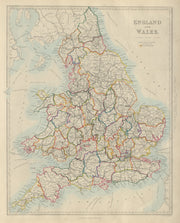 ENGLAND AND WALES. Canals, rivers, railways & counties. SDUK 1874 old map