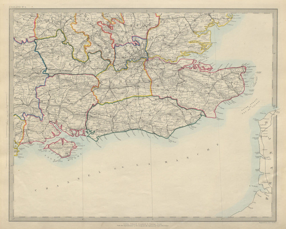 SOUTH EAST ENGLAND. London & Home counties. Railways. South coast. SDUK 1874 map