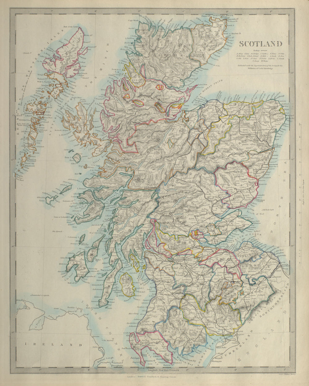 SCOTLAND. General map showing castles & kirks. SDUK 1874 old antique chart