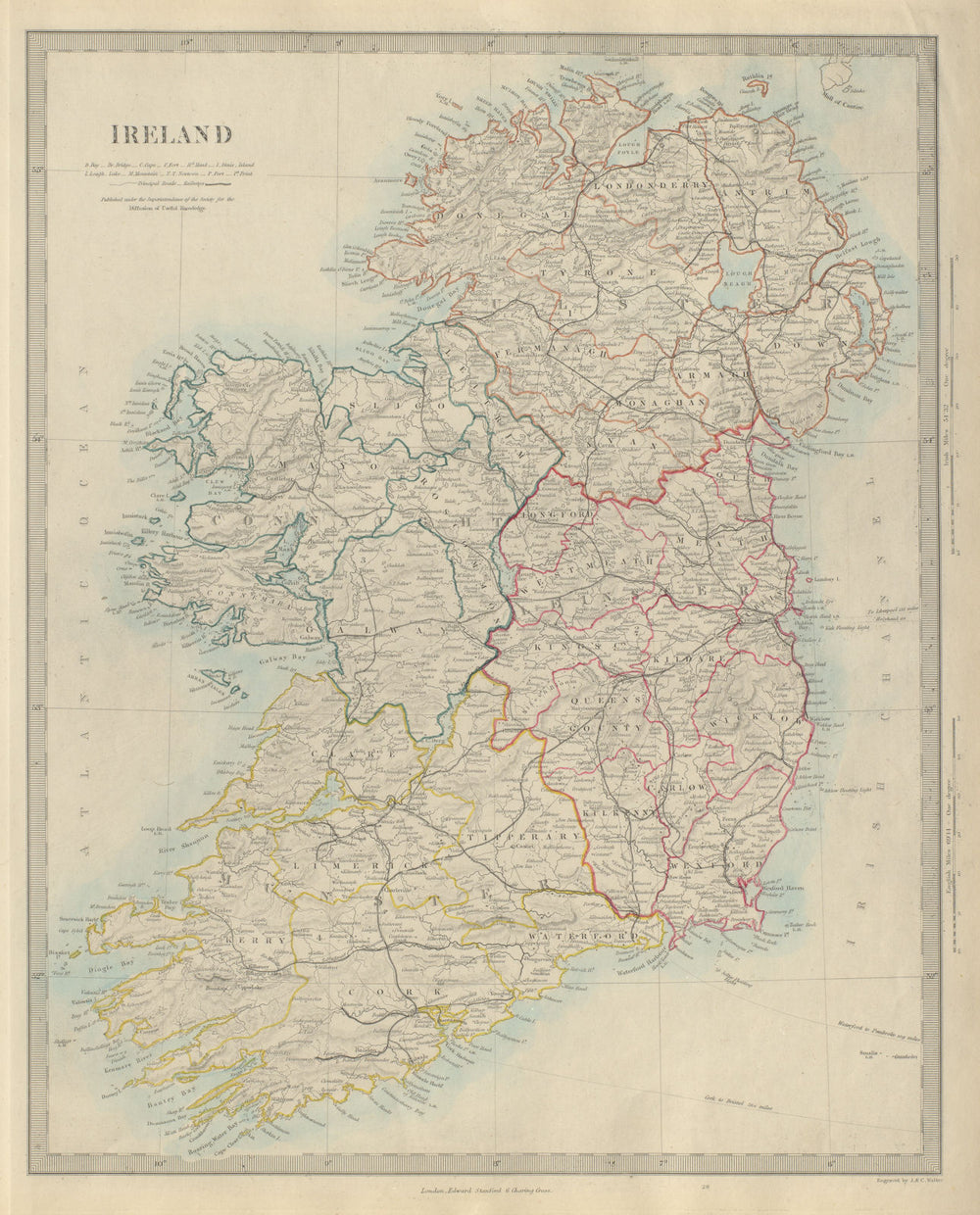 IRELAND showing roads and railways. SDUK 1874 old antique map plan chart