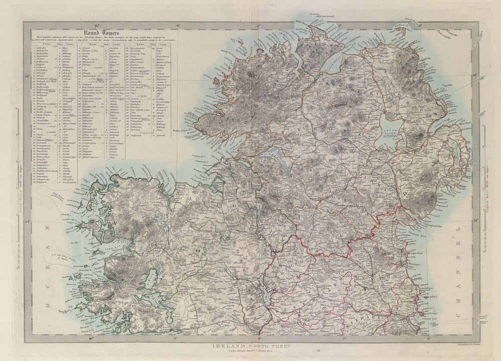 IRELAND North Sheet. List of round towers Cloigtheach Cloigthithe.SDUK 1874 map