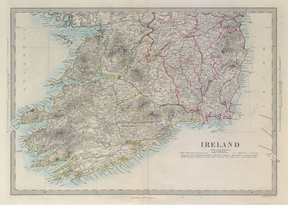 IRELAND South Sheet. Munster Leinster. Churches railways. SDUK 1874 old map