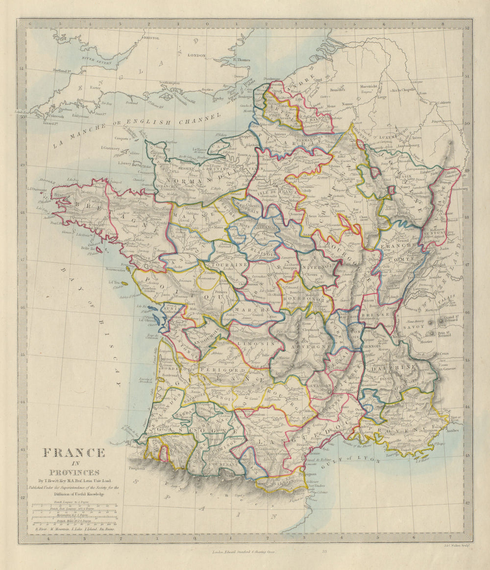 FRANCE IN PROVINCES. Shows provinces <1790. Original hand colour.SDUK 1874 map