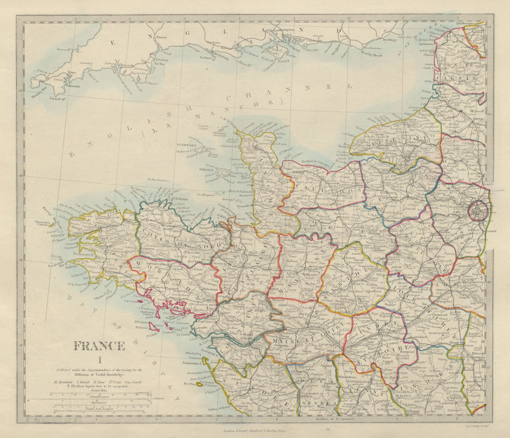 FRANCE NORTH WEST. Bretagne Normandie Loire Centre.Hand coloured.SDUK 1874 map