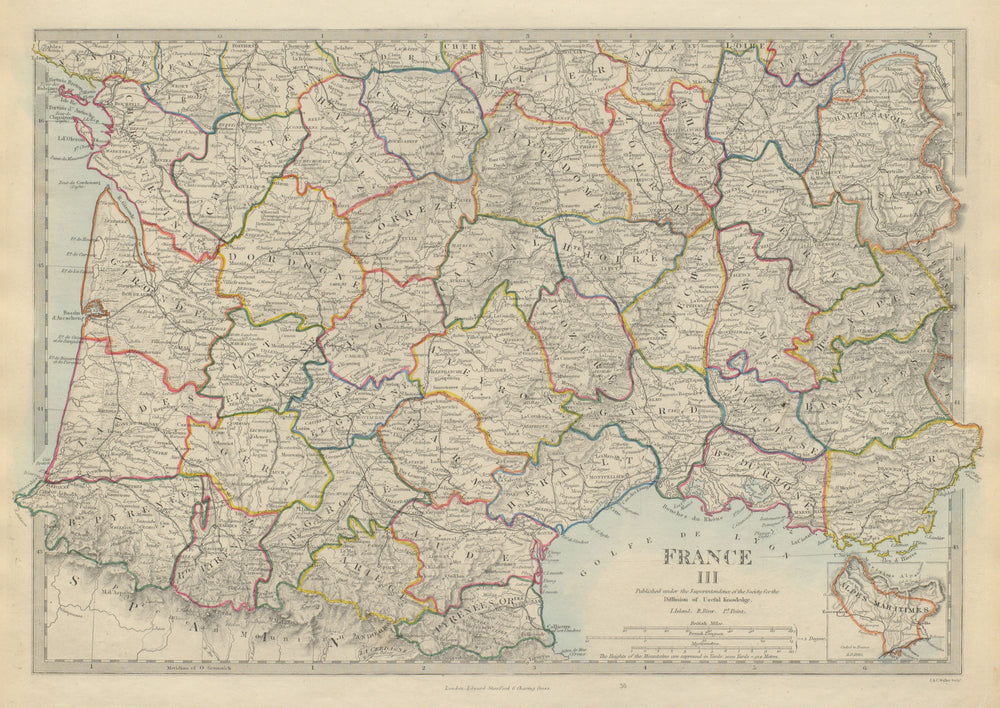 FRANCE SOUTH Aquitaine Pyrénées Provence Languedoc Rhône Auvergne.SDUK 1874 map